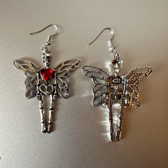 Halloween Earrings “Fairy Skeleton” Silver Red Heart Whimsy Goth Edgy Dangle New - Picture 7 of 12